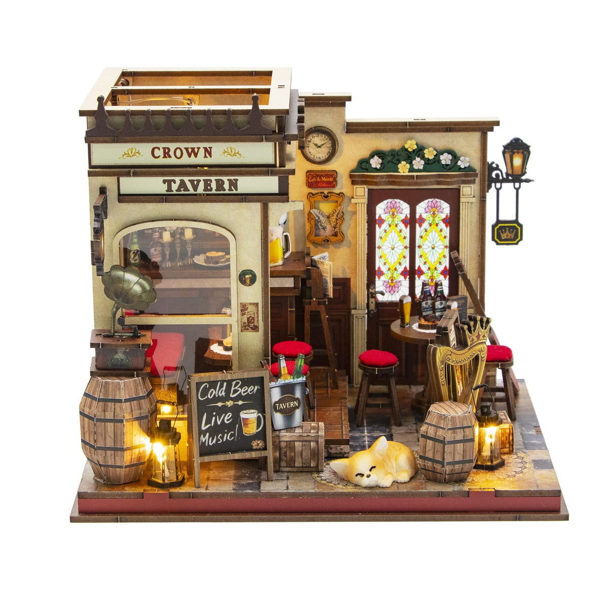 Nook & Things Crown Tavern DIY miniature kit, front view on white, lights on