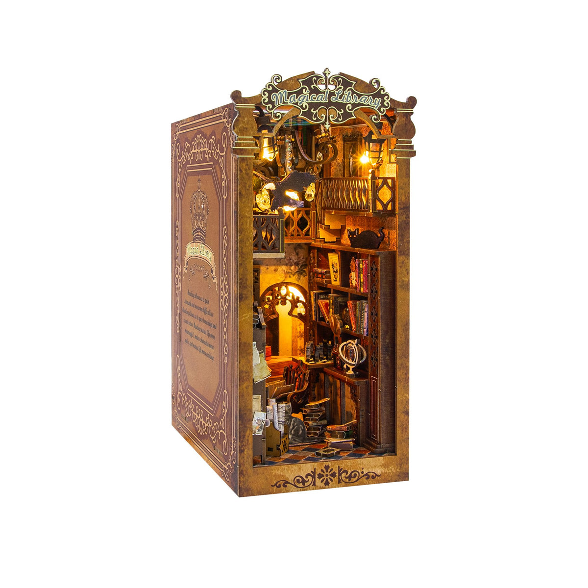 Nook & Things Magical Library DIY book nook kit, front view on white, lights on