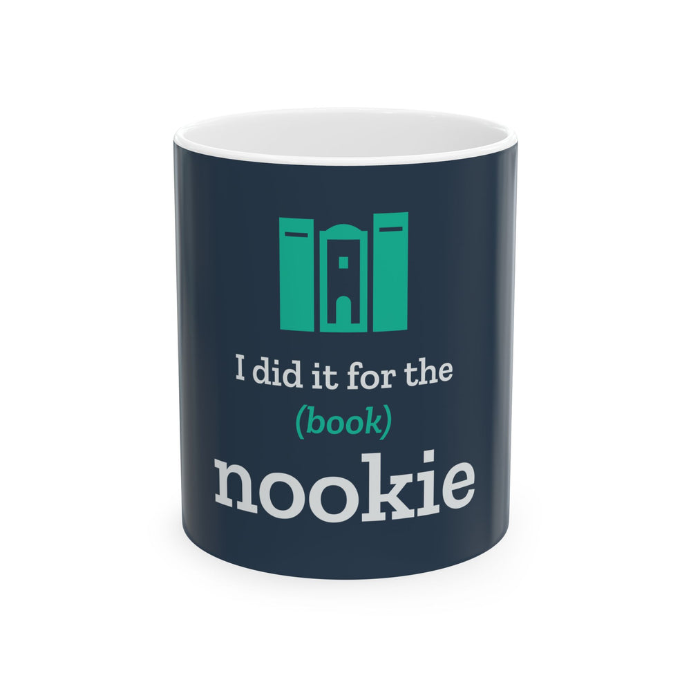 Nook & Things I Did It for the (Book) Nookie mug in navy, front view of the book nook design