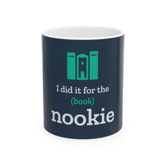 Nook & Things I Did It for the (Book) Nookie mug in navy, front view of the book nook design
