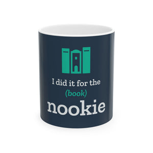 Nook & Things I Did It for the (Book) Nookie mug in navy, front view of the book nook design