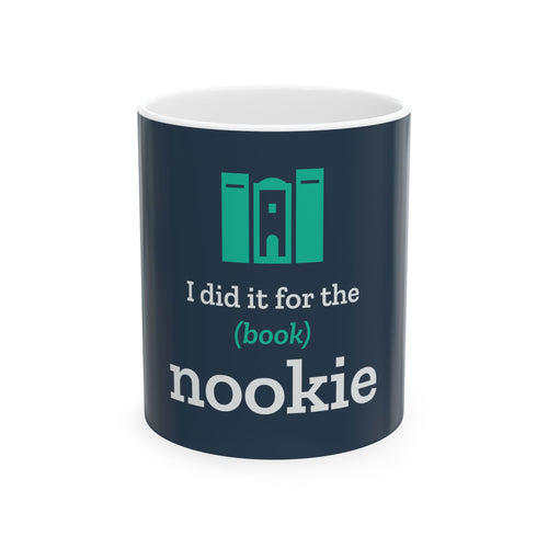 Nook & Things I Did It for the (Book) Nookie mug in navy, front view of the book nook design