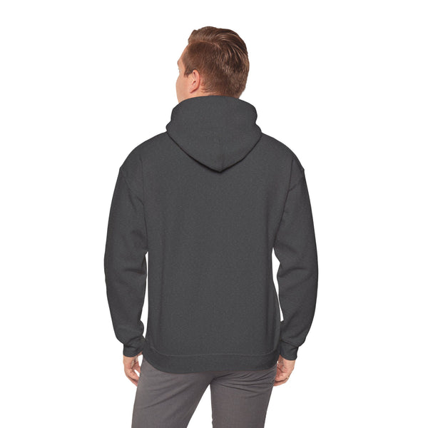 Man wearing the dark heather grey Nook & Things hoodie, back view