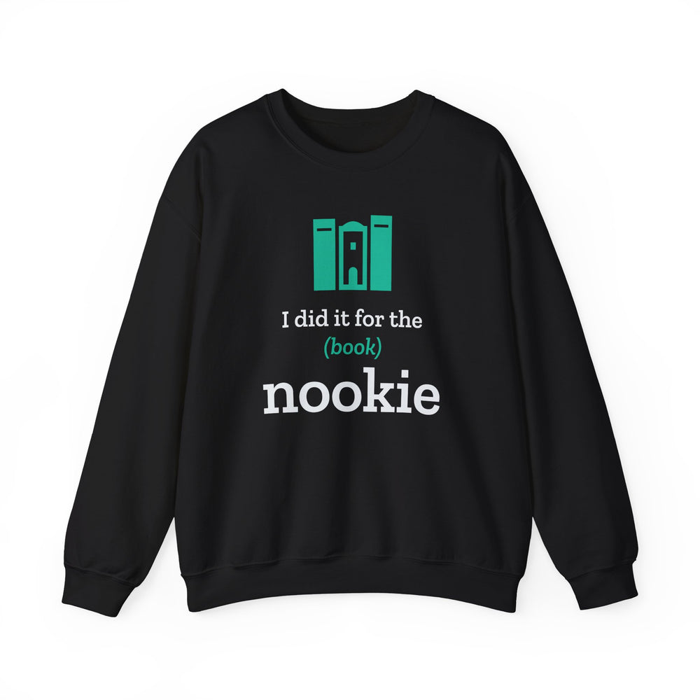 Nook & Things I Did It for the (Book) Nookie crewneck sweatshirt in black, front view of the book nook design