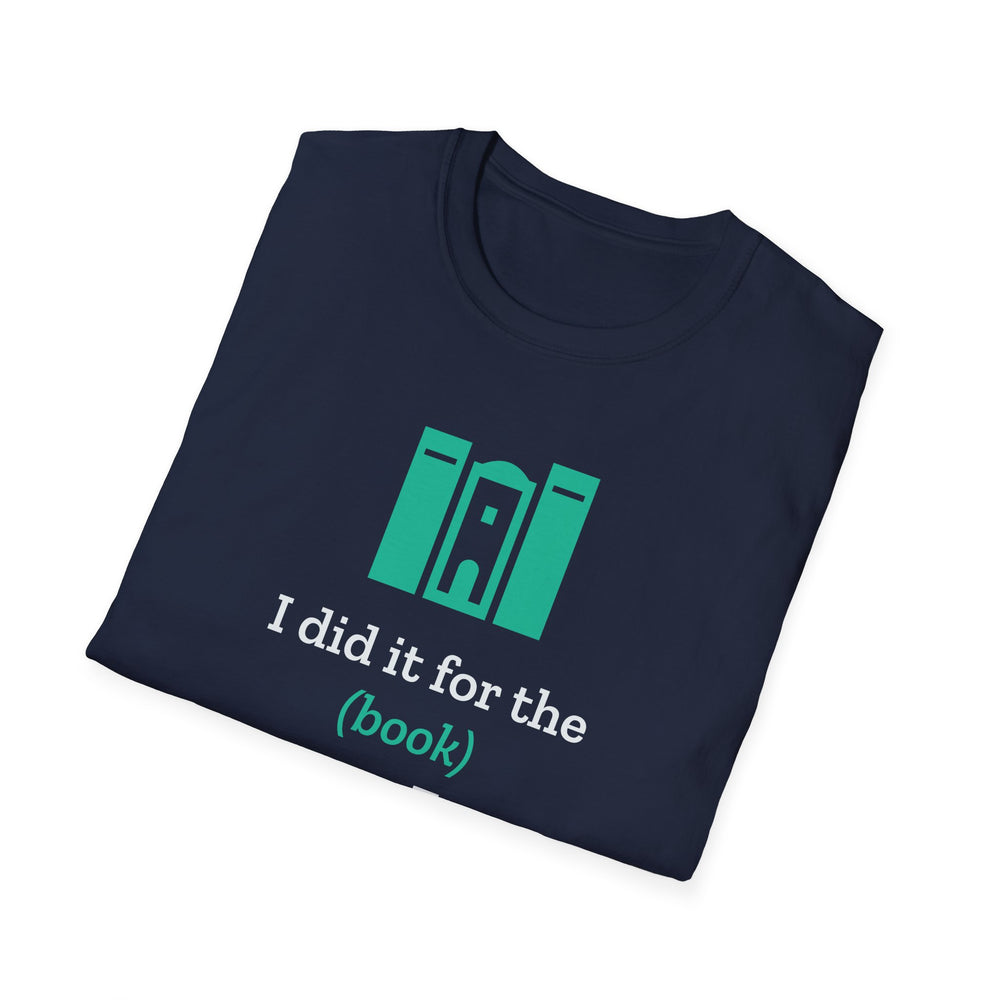 Navy I Did It for the (Book) Nookie t-shirt from Nook & Things, front view of the book nook design