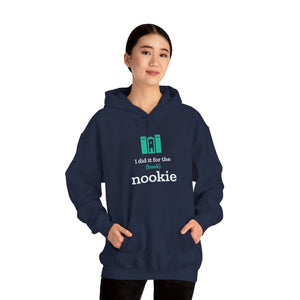Woman wearing the navy Nook & Things hoodie, front view