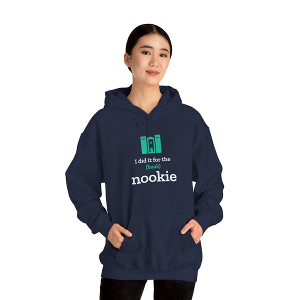 Woman wearing the navy Nook & Things hoodie, front view