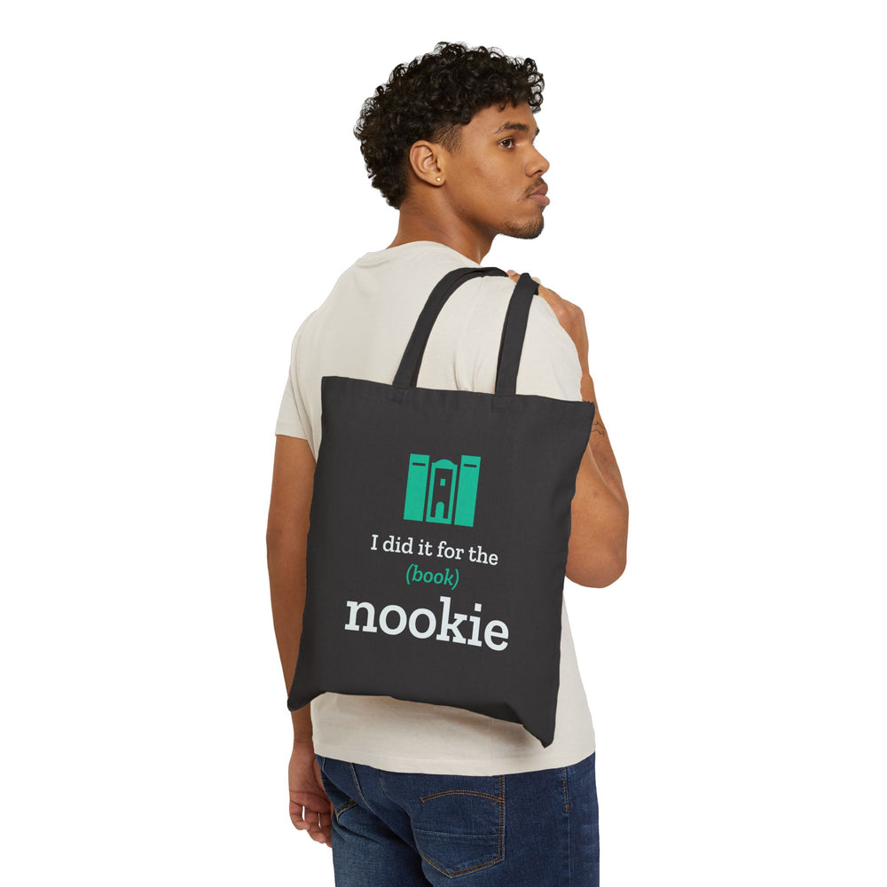 Black cotton canvas book tote with the I did it for the (book) nookie bookshelf design
