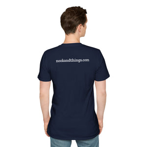 Back view of a man wearing the Nook & Things tee with the small nookandthings.com print