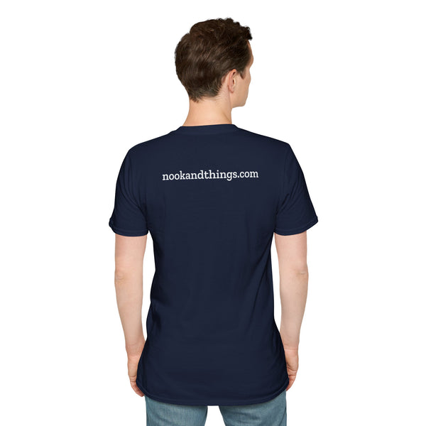 Back view of a man wearing the Nook & Things tee with the small nookandthings.com print