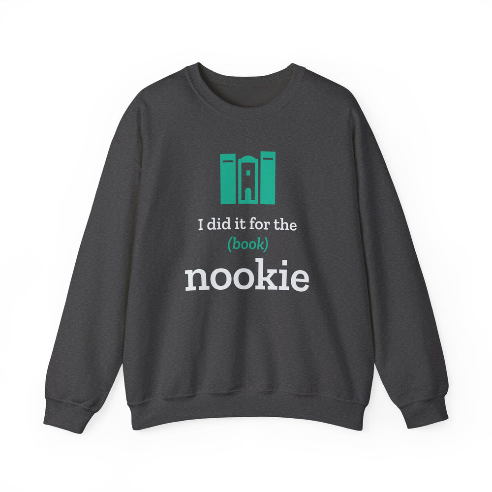 Nook & Things I Did It for the (Book) Nookie crewneck sweatshirt in black, front view of the book nook design