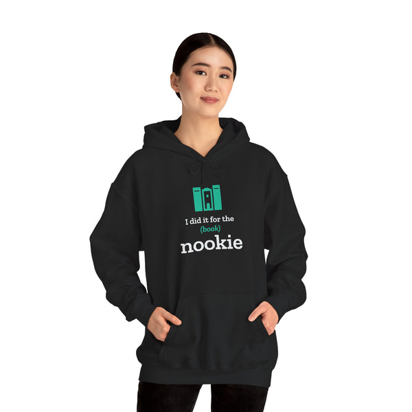 Woman wearing the black Nook & Things hoodie, front view