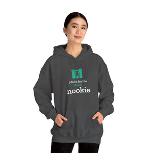 Woman wearing the dark heather grey Nook & Things bookish hoodie