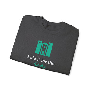 Dark heather grey bookish crewneck sweatshirt folded to show the design