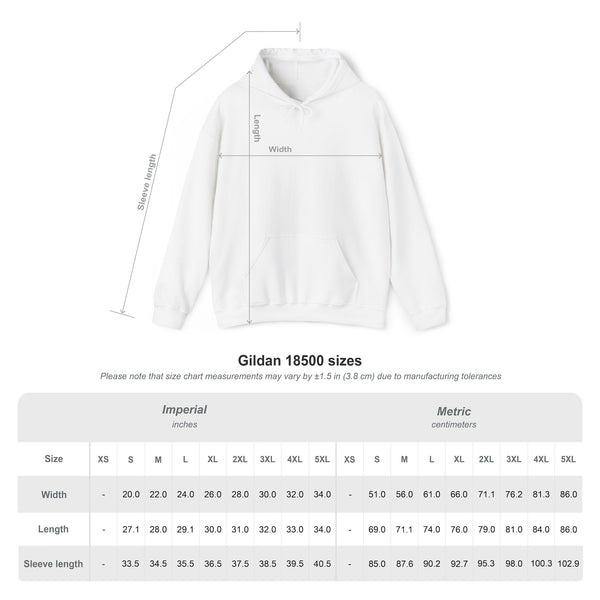 Size chart for the Gildan 18500 hoodie, measurements in inches and centimeters