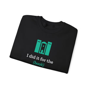 Black bookish crewneck sweatshirt from Nook & Things, folded to show the design