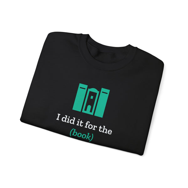 Black bookish crewneck sweatshirt from Nook & Things, folded to show the design