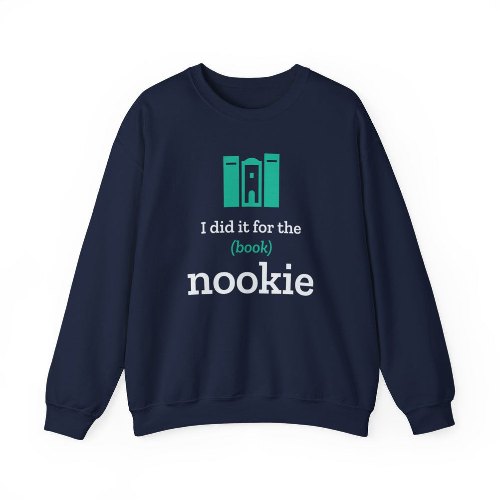 Nook & Things I Did It for the (Book) Nookie crewneck sweatshirt in black, front view of the book nook design