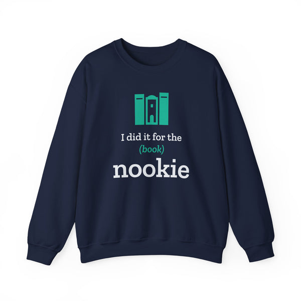 Nook & Things I Did It for the (Book) Nookie crewneck sweatshirt in navy, front view