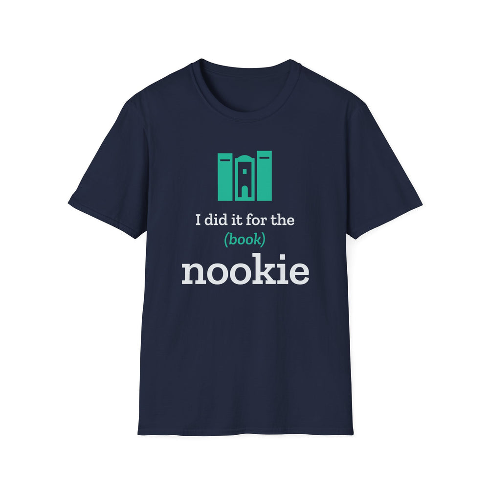 Navy I Did It for the (Book) Nookie t-shirt from Nook & Things, front view of the book nook design