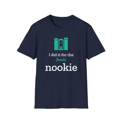 Navy I Did It for the (Book) Nookie t-shirt from Nook & Things, front view of the book nook design
