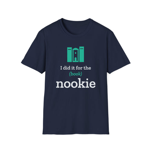 Navy I Did It for the (Book) Nookie t-shirt from Nook & Things, front view of the book nook design