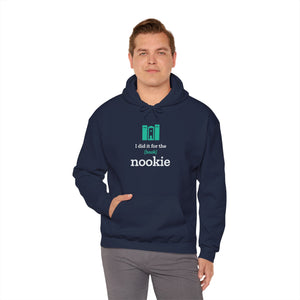 Man wearing the navy Nook & Things hoodie, front view