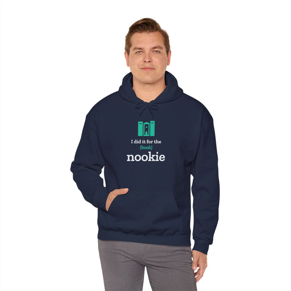 Man wearing the navy Nook & Things hoodie, front view