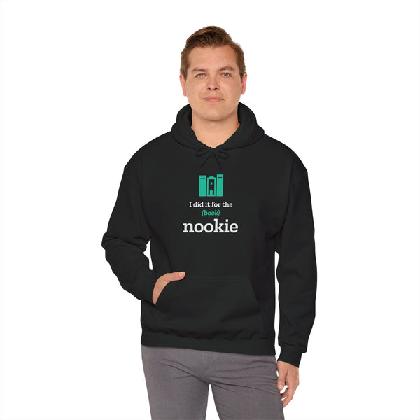 Man wearing the black Nook & Things hoodie, hands in the pocket