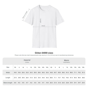 Size chart for the Gildan 64000 unisex softstyle t-shirt, sizes S through 3XL in inches and centimeters
