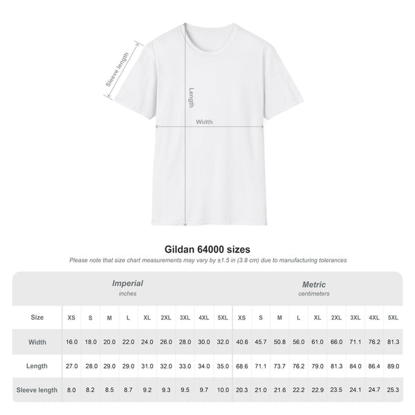 Size chart for the Gildan 64000 unisex softstyle t-shirt, sizes S through 3XL in inches and centimeters