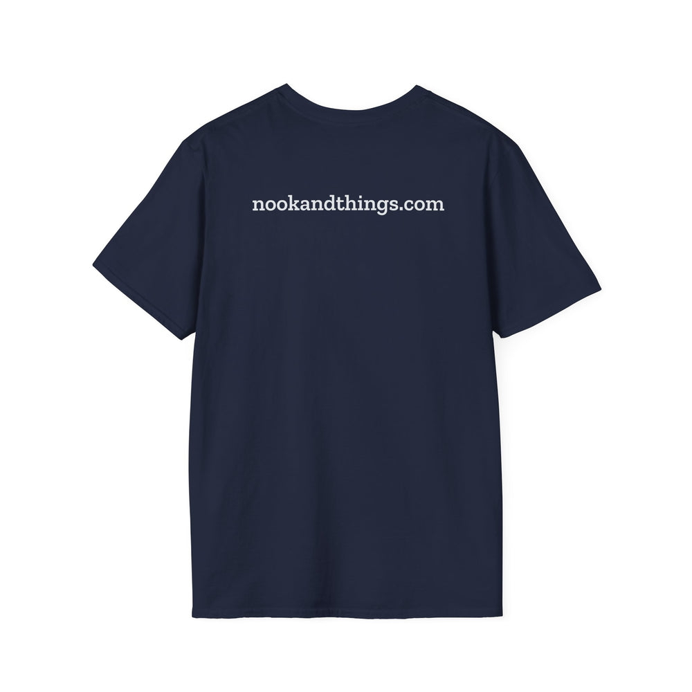 Navy I Did It for the (Book) Nookie t-shirt from Nook & Things, front view of the book nook design