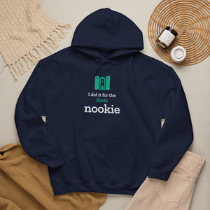 Navy Nook & Things hoodie styled flat with a blanket and candle