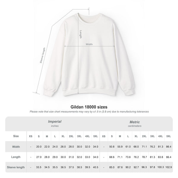 Size chart for the Gildan 18000 crewneck sweatshirt, measurements in inches and centimeters