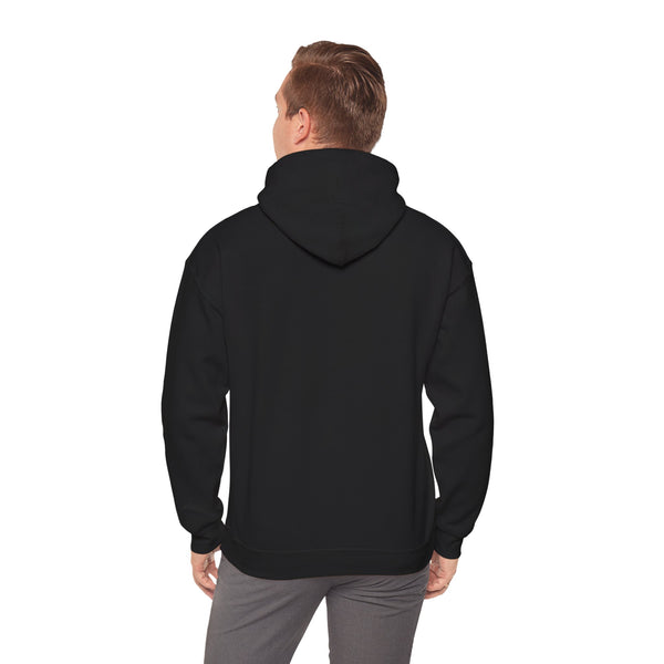 Man wearing the black Nook & Things hoodie, back view