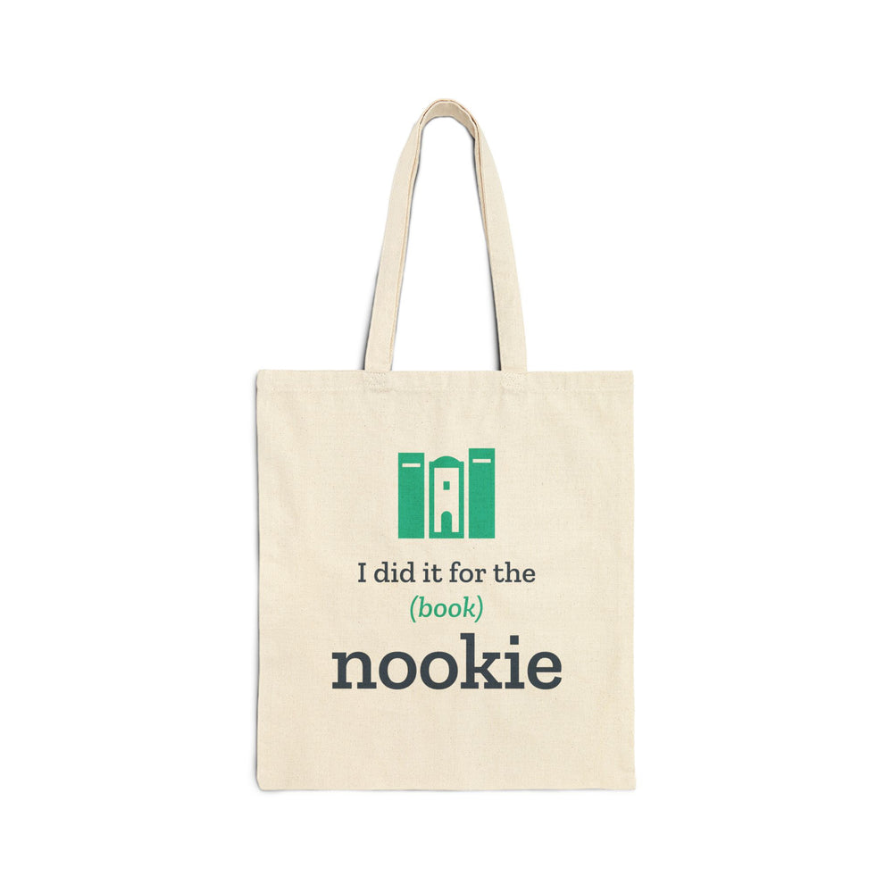 Black cotton canvas book tote with the I did it for the (book) nookie bookshelf design