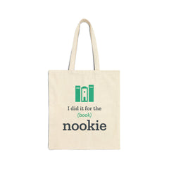 Natural cotton canvas book tote with the I did it for the (book) nookie bookshelf design