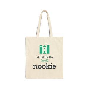 Natural cotton canvas book tote with the I did it for the (book) nookie bookshelf design