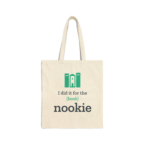 Natural cotton canvas book tote with the I did it for the (book) nookie bookshelf design