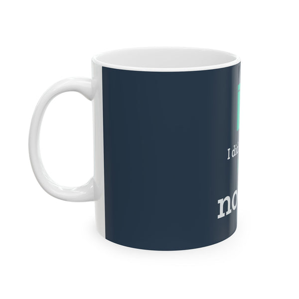 Navy Nook & Things mug with the handle on the left
