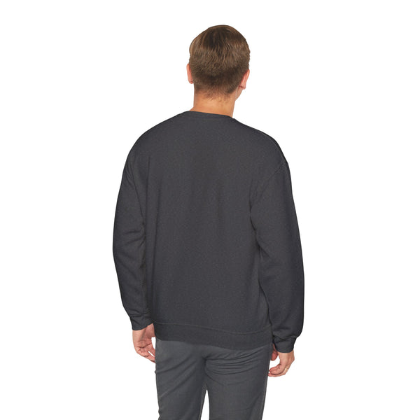 Man wearing the dark heather grey Nook & Things crewneck sweatshirt, back view