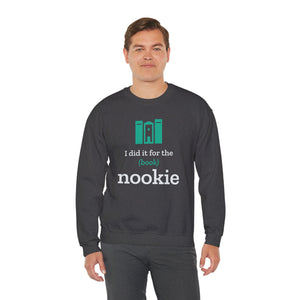 Man wearing the dark heather grey Nook & Things crewneck sweatshirt, front view