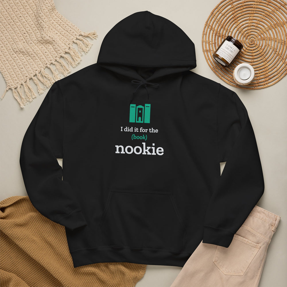 Nook & Things I Did It for the (Book) Nookie hoodie in black, front view of the book nook design