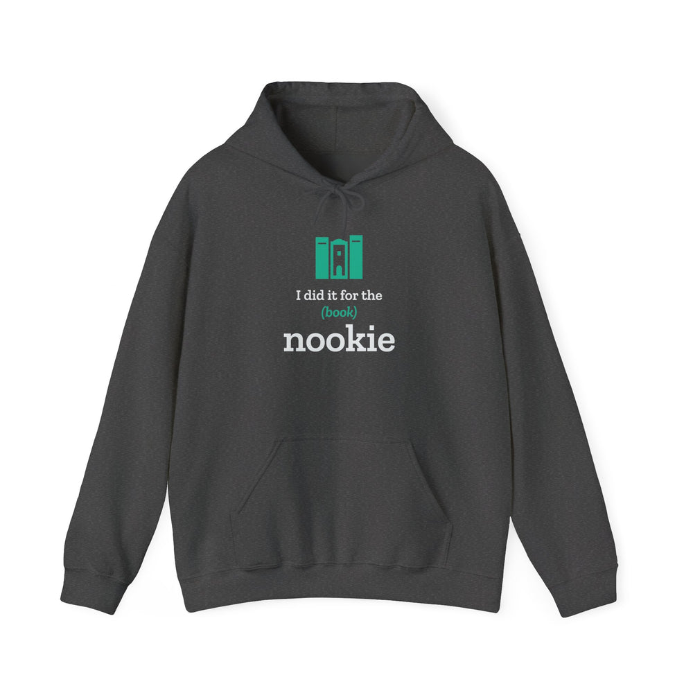 Nook & Things I Did It for the (Book) Nookie hoodie in black, front view of the book nook design