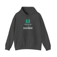 Nook & Things I Did It for the (Book) Nookie hoodie in dark heather grey, front view