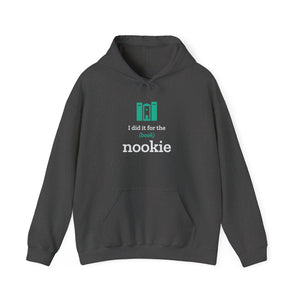 Nook & Things I Did It for the (Book) Nookie hoodie in dark heather grey, front view