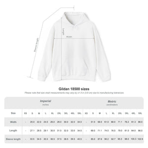 Size chart for the Gildan 18500 hoodie, sizes S to 5XL