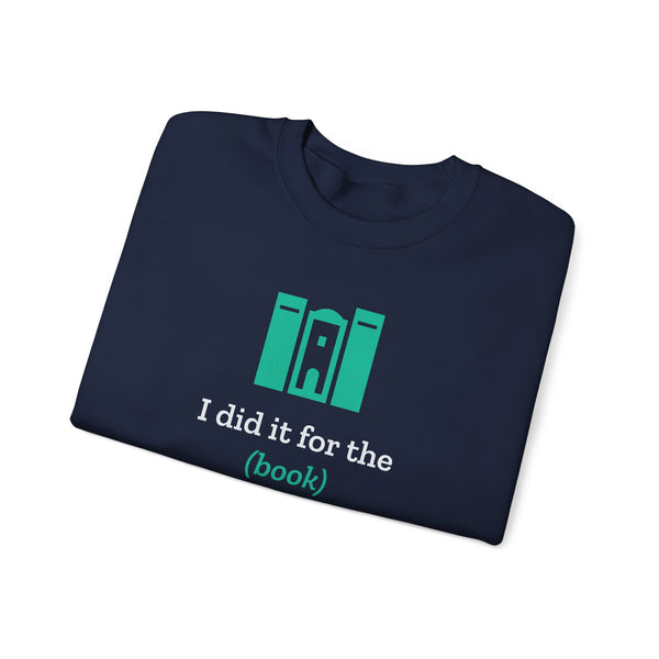 Navy bookish crewneck sweatshirt folded to show the book nook design