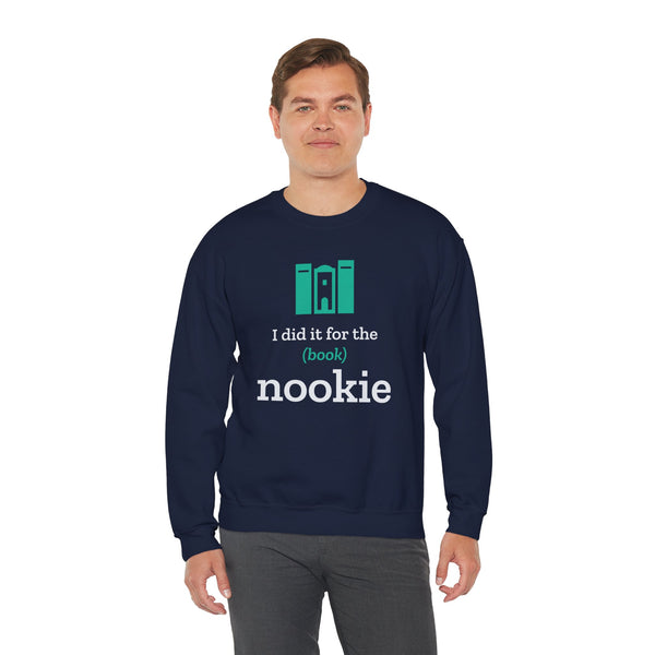 Man wearing the navy Nook & Things crewneck sweatshirt, front view