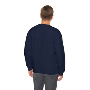 Man wearing the navy Nook & Things crewneck sweatshirt, back view